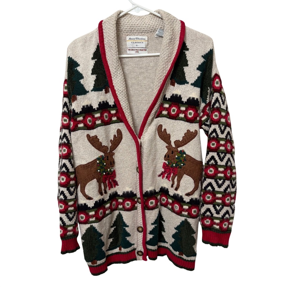 Marisa Christina 1996 Vintage Christmas Reindeer Cardigan Sweater Small Cream